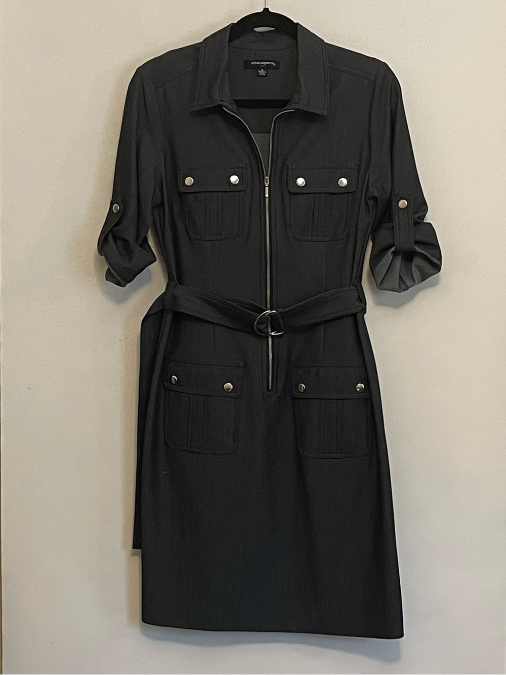 Sharagano Dark Blue Zip Front Utility Shirt Midi Dress size 6